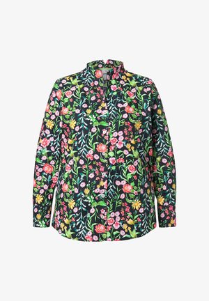 Czarna koszula z długim rękawem zapinana na guziki z żywym kwiatowym wzorem w różowych, żółtych i zielonych odcieniach. Lekka tkanina z kołnierzykiem.