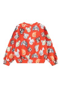 Red sweatshirt featuring various animal faces in a repeating pattern. Made of soft fabric with long sleeves and a ribbed collar.