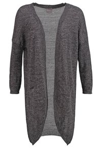Cardigan long gris foncé à ouverture devant, manches longues et texture en maille douce et duveteuse.