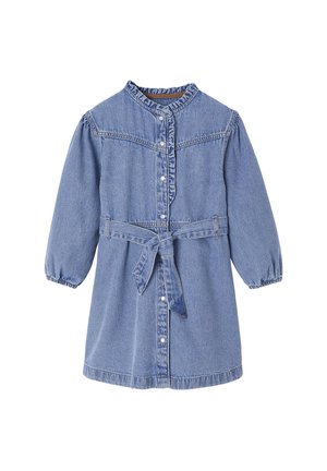 Jeanskleid mit langen puffärmeln, gerafftem Kragen, Knopfleiste vorne und gebundenem Taillengürtel. Hellblaue Farbe mit glatter Textur.