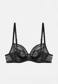 Soutien-gorge en dentelle noire avec armature, doté de bretelles ajustables et de bords festonnés. Tissu semi-transparent avec motif floral et fermeture à crochets.