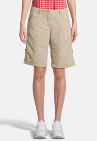 Beige Shorts mit lockerer Passform, aus leichtem Stoff gefertigt. Mit vorderen Taschen und Knopf-Akzenten an den Seiten.