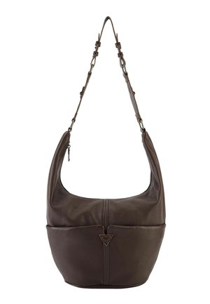Dunkelbraune Leder-Umhängetasche mit verstellbarem Tragegurt, Vordertasche und Metall-Reißverschlussanhänger auf weißem Hintergrund.