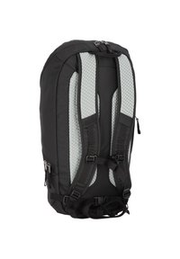 Schwarzer Rucksack mit strukturiertem, grauem Netzrückenpanel, verstellbaren Trägern, mehreren Reißverschlüssen und einem eleganten, modernen Design.