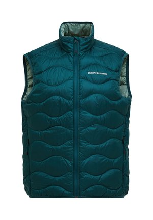 Teal krāsas bezroku starota veste ar augstu apkakli, priekšējo rāvējslēdzēju, sānu kabatām un nelielu baltu «Peak Performance» logotipu uz krūtīm.