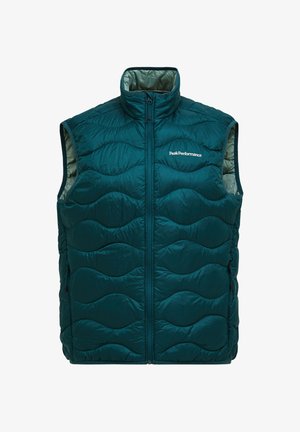 Teal krāsas bezroku starota veste ar augstu apkakli, priekšējo rāvējslēdzēju, sānu kabatām un nelielu baltu «Peak Performance» logotipu uz krūtīm.