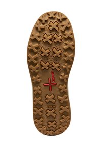 Suela de zapato de goma marrón con tacos elevados en forma de X, marca "Grip" roja y logo "Geox" en el centro.