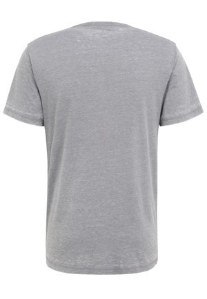 T-shirt en coton gris avec des manches courtes et un col rond. Le tissu a un aspect légèrement texturé et usé.