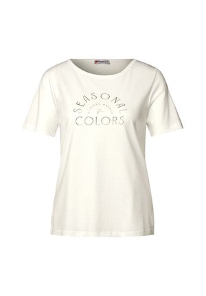T-shirt bianco in cotone con scollatura rotonda e maniche corte. Sul davanti presenta la scritta "COLORI STAGIONALI" stampata in testo grigio a contrasto.