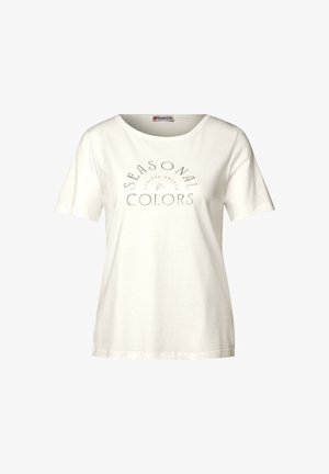 Weißes Baumwoll-T-Shirt mit Rundhalsausschnitt und kurzen Ärmeln. Auf der Vorderseite ist "SEASONAL COLORS" in kontrastierendem Grauen gedruckt.