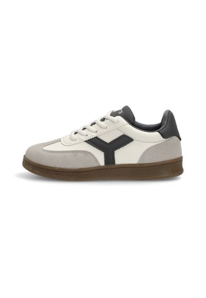 Zapatillas con cordones que presentan materiales de ante y cuero en color beige, detalles en negro y una suela de goma marrón. Diseño clásico de punta redonda.
