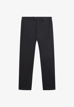 Pantalon droit noir avec poches avant, passants pour ceinture et fermeture avant dissimulée, présenté sur un fond blanc.