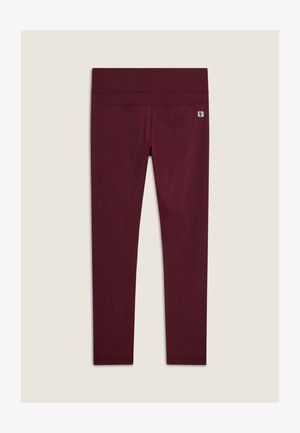 Leggings sportivi bordeaux realizzati in materiale elastico, con una vita alta e senza motivi visibili. Texture liscia con hardware minimo.