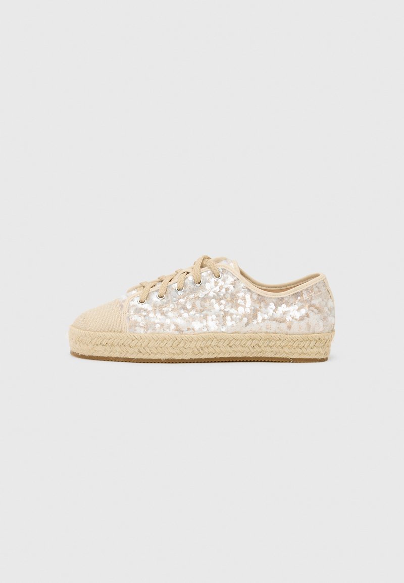 Beige sequined sneaker with a textured tan canvas toe cap, jute-woven midsole, and lace-up closure.