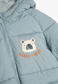 Chaqueta de plumas azul claro con capucha, cierre de cremallera y un gráfico de oso polar impreso con el texto "COLD VIBES" en naranja.