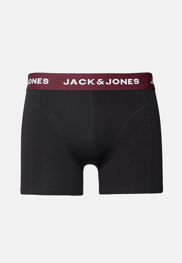 Boxer ajustados para hombres negros con una cinturilla elástica color burdeos que presenta la marca "JACK & JONES" en blanco, con costuras planas para un ajuste ceñido.