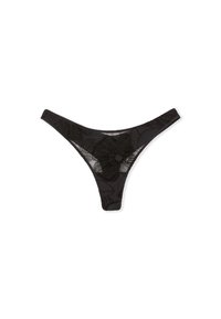 Black lace thong with floral embroidered pattern, featuring thin sides and a sheer texture, designed for minimal coverage.