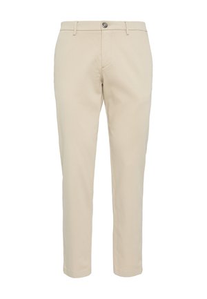 Beige Baumwollhose mit geradem Schnitt, Gürtelschlaufen und einem einzigen Knopfverschluss, mit glatter Textur und ohne sichtbare Muster.