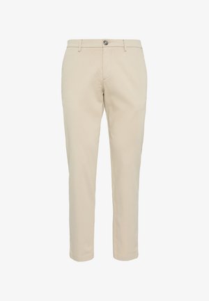 Beige Baumwollhose mit geradem Schnitt, Gürtelschlaufen und einem einzigen Knopfverschluss, mit glatter Textur und ohne sichtbare Muster.