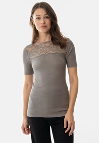 Gray ribbed short-sleeve top with floral lace overlay at the neckline, offering a fitted silhouette and soft texture.