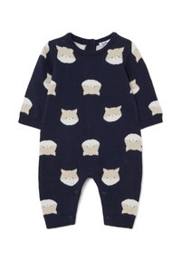 Romper de bebé de punto en color navy con caras de animales beige en repetición, mangas largas y cierres a presión en la parte inferior para un fácil vestido.