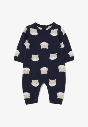 Marineblauwe gebreide babyspeelpak met herhalende beigen dierengezichten, lange mouwen en drukknoopsluitingen aan de onderkant voor gemakkelijk aan- en uittrekken.