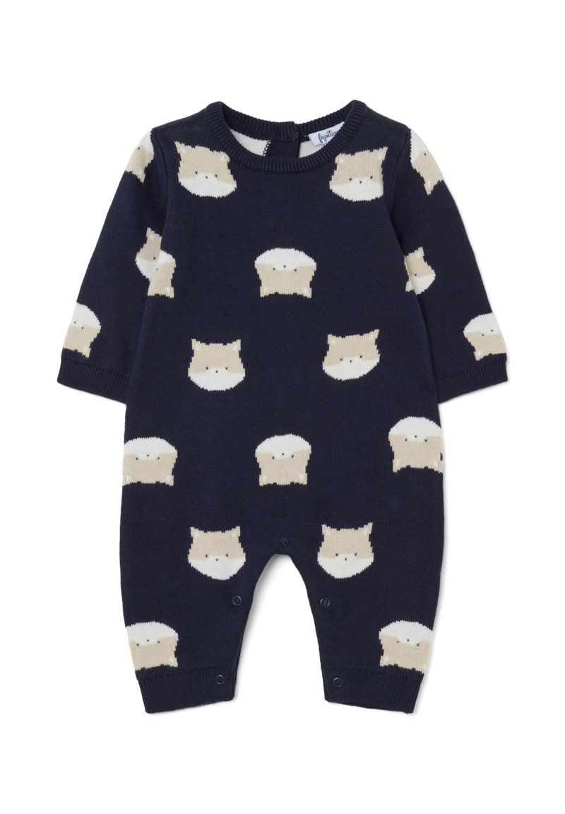 Romper de bebé de punto en color navy con caras de animales beige en repetición, mangas largas y cierres a presión en la parte inferior para un fácil vestido.