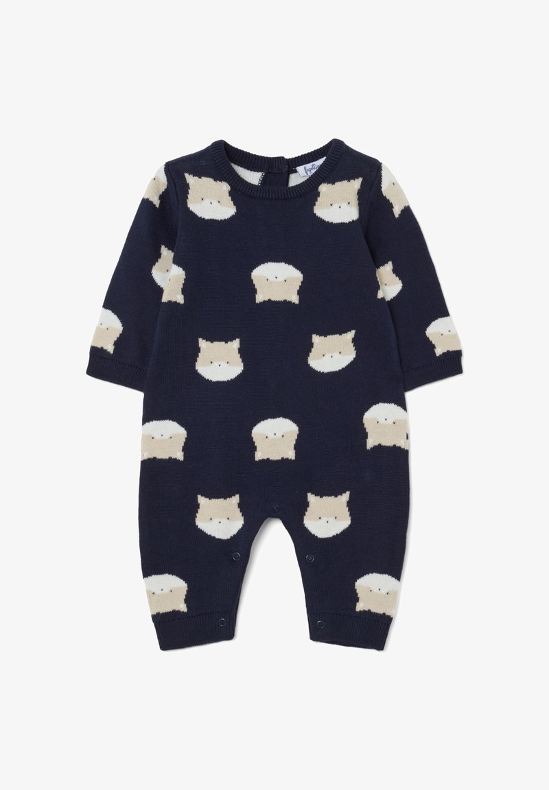 Romper de bebé de punto en color navy con caras de animales beige en repetición, mangas largas y cierres a presión en la parte inferior para un fácil vestido.