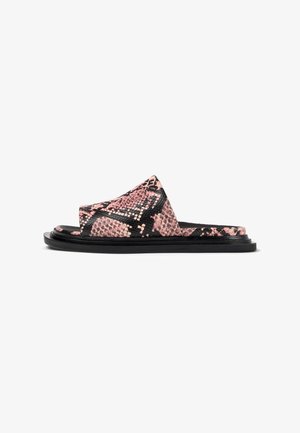 Pink and black snake-print slide sandal with a flat black sole, open toe, and a smooth texture. Classic slip-on design.