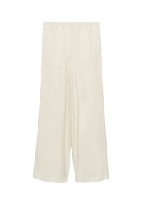 Wijduitlopende broek van crèmekleurige stof met een elastische tailleband, voorzien van een gladde textuur en een eenvoudig, strak ontwerp.
