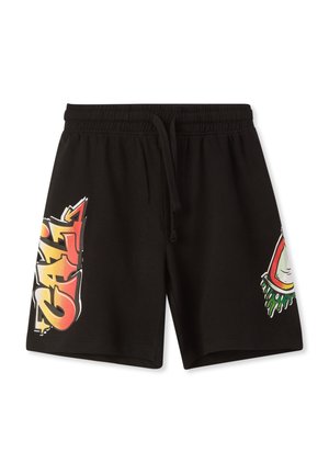 Shorts neri in cotone con vita elastica e cordoncino. Presentano vivaci stampe grafiche: "CALI" in arancione e giallo, e una fetta di anguria.
