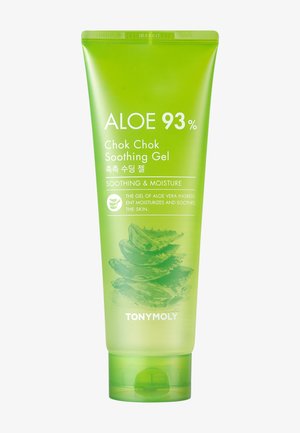 Vihreä TonyMoly Aloe 93 % Chok Chok rauhoittava geeli -putki, jossa aloe-lehtikuva, korostaen kosteuttavaa ja rauhoittavaa aloe vera -geeliä.