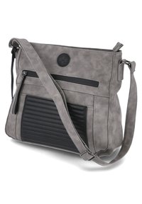 Sac bandoulière en simili cuir gris avec un accent texturé noir, doté d'une poche zippée et d'une sangle ajustable pour plus de commodité.