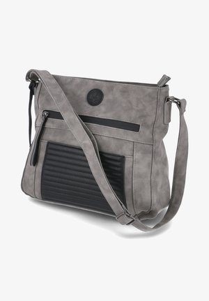 Graue Kunstleder-Crossbody-Tasche mit strukturiertem schwarzen Akzent, ausgestattet mit einer Reißverschlusstasche und einem verstellbaren Trageriemen für zusätzlichen Komfort.