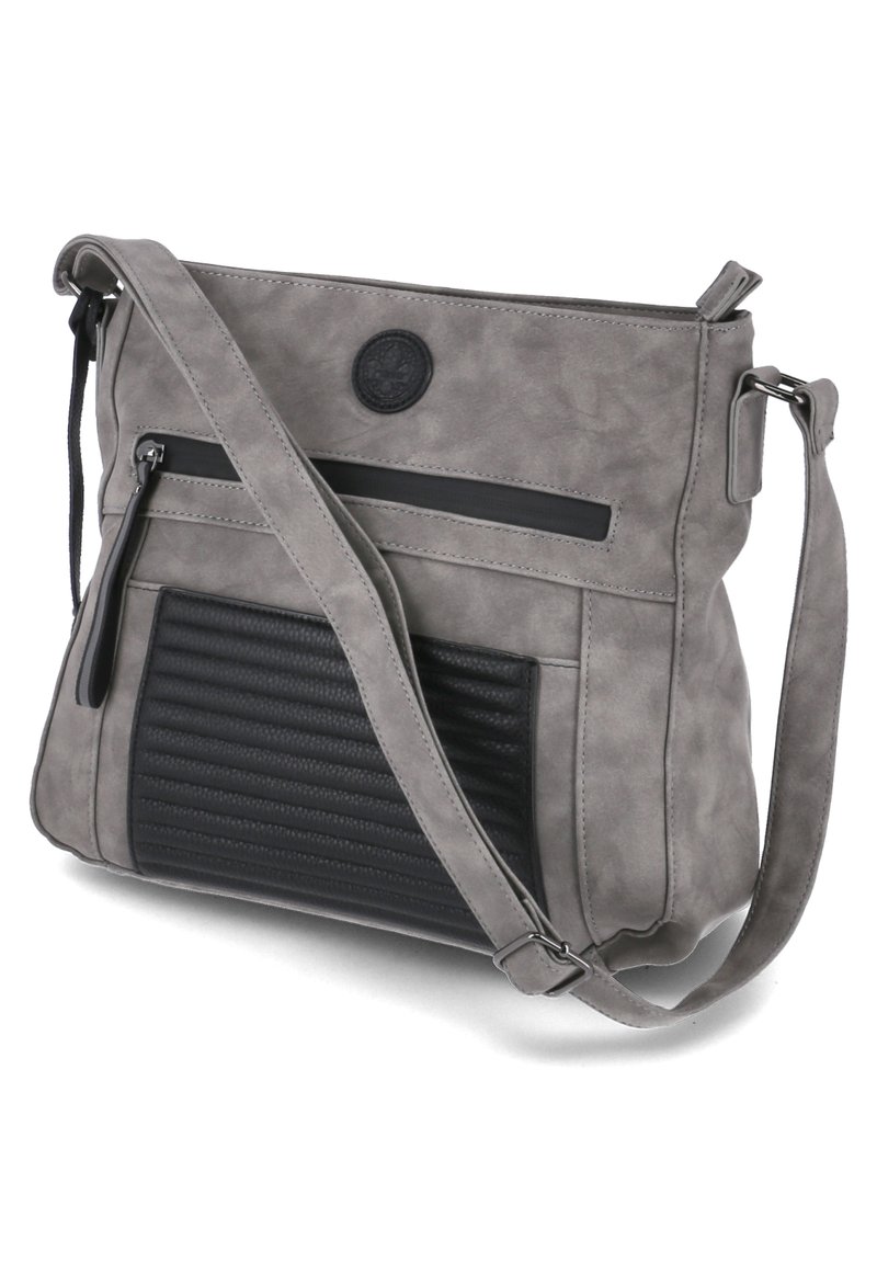 Sac bandoulière en simili cuir gris avec un accent texturé noir, doté d'une poche zippée et d'une sangle ajustable pour plus de commodité.