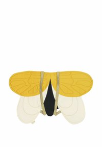 Yellow and white fabric wings with black accents. Quilted texture, golden straps, and distinct vein patterns on the wings.