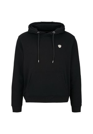 Schwarzer Hoodie aus weichem Stoff, ausgestattet mit einer Fronttasche, verstellbaren Kordeln und einem kleinen Schild-Logo auf der Brust.