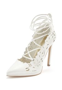 White high-heeled shoe with pointed toe, lace-up front, and floral cut-out designs. Features a smooth leather finish and slim stiletto heel.