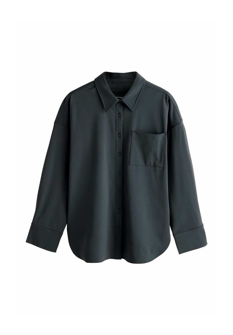 Dark gray button-up shirt with a classic collar, single chest pocket, and slightly oversized fit; smooth texture and long sleeves.