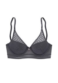 Soutien-gorge en dentelle grise avec des bonnets en forme triangulaire, des bretelles réglables et des accents décoratifs le long de la bande et à l'avant du centre.