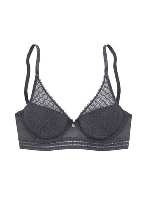 Soutien-gorge en dentelle grise avec des bonnets en forme triangulaire, des bretelles réglables et des accents décoratifs le long de la bande et à l'avant du centre.