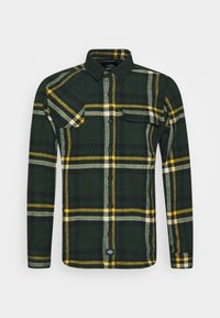 Chemise en flanelle à carreaux verts, avec des lignes jaunes et blanches, boutonnée à l'avant, col et deux poches de poitrine avec rabats. Texture de tissu doux.