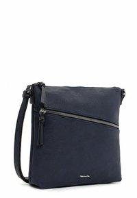 Borsa a tracolla in pelle blu navy con finitura strutturata, dotata di tasca frontale con zip e tracolla regolabile per maggiore versatilità.