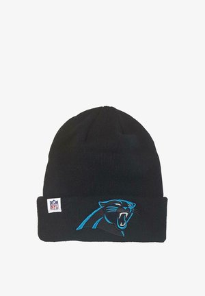 Black knitted beanie featuring an embroidered Carolina Panthers logo in blue and white. NFL logo tag on the side. Soft texture.