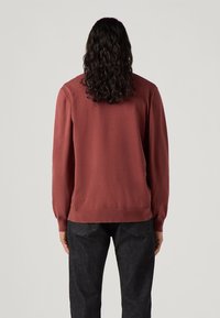 Sweatshirt de couleur rouille, à manches longues et encolure ronde. Tissu doux et poignets côtelés. Porté avec un jean foncé, affichant une coupe décontractée.