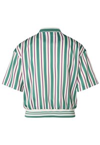 Blusa corta de manga corta con rayas verticales en verde, blanco y púrpura. Tejido suave con una banda elástica y cuello acanalado.