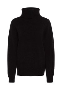 Black turtleneck sweater made of soft fabric, featuring long sleeves, a relaxed fit, and ribbed cuffs. No visible patterns or accents.