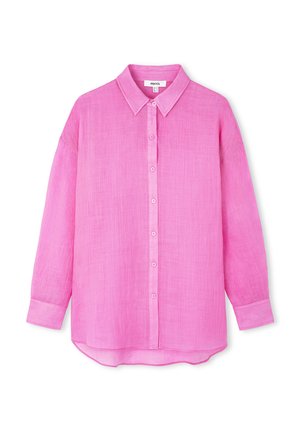 Pink linen button-up shirt with a pointed collar, long sleeves, and a slightly curved hem. Features front button closure and soft texture.