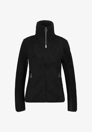 Zwarte fleece jas met een hoge kraag, ritssluiting aan de voorkant en zijzakken met zilverkleurige accenten. Zachte textuur met contrasterende mouwen.