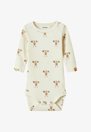 Krémové žebrované dětské body s dlouhým rukávem s potiskem vzpěrače v hnědých a červených pruzích, zapínání na druky v rozkroku a kulatý výstřih.